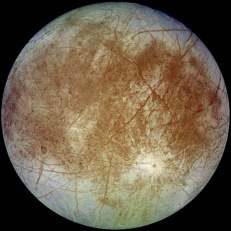 Europa, in approximate natural color, as seen by the Galileo spacecraft. (Credit: NASA via Wikipedia)